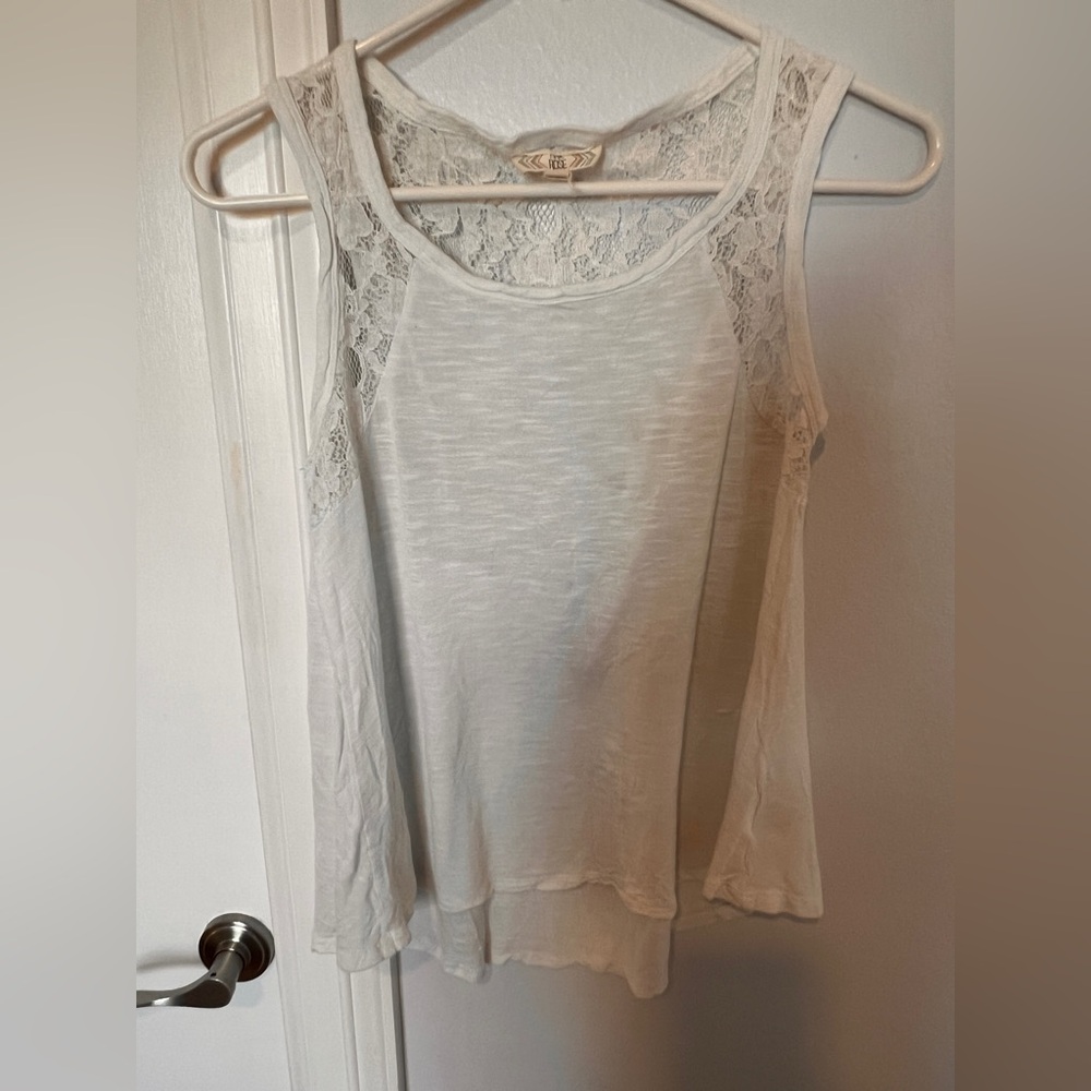 Pink Rose White Asymmetrical Lace Tank Top